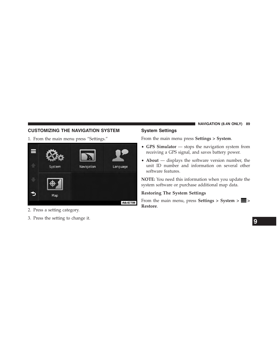 Customizing the navigation system, System settings | Dodge 2015 Journey - Uconnect 8.4/8.4N Manual User Manual | Page 90 / 119