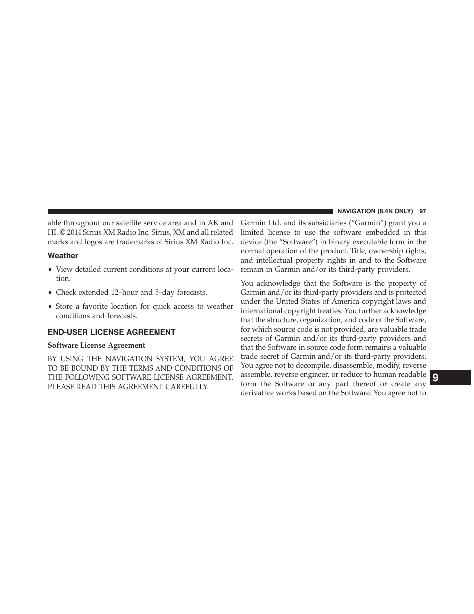 Weather, End-user license agreement | Dodge 2015 Journey - Uconnect 8.4/8.4N Manual User Manual | Page 98 / 119