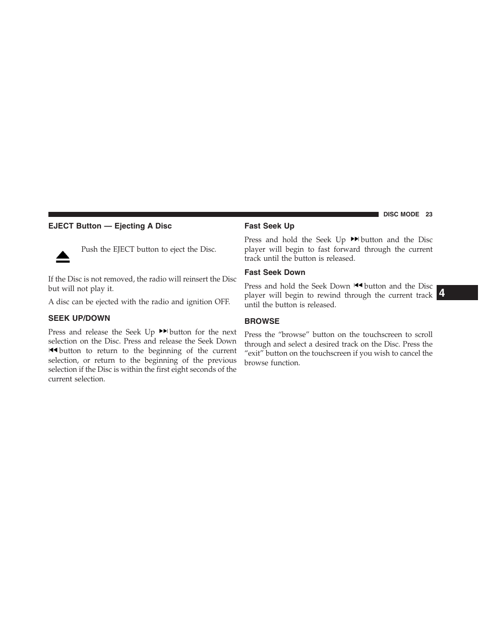 Eject button — ejecting a disc, Seek up/down, Fast seek up | Fast seek down, Browse | Dodge 2015 Journey - Uconnect 4.3 Manual User Manual | Page 24 / 42