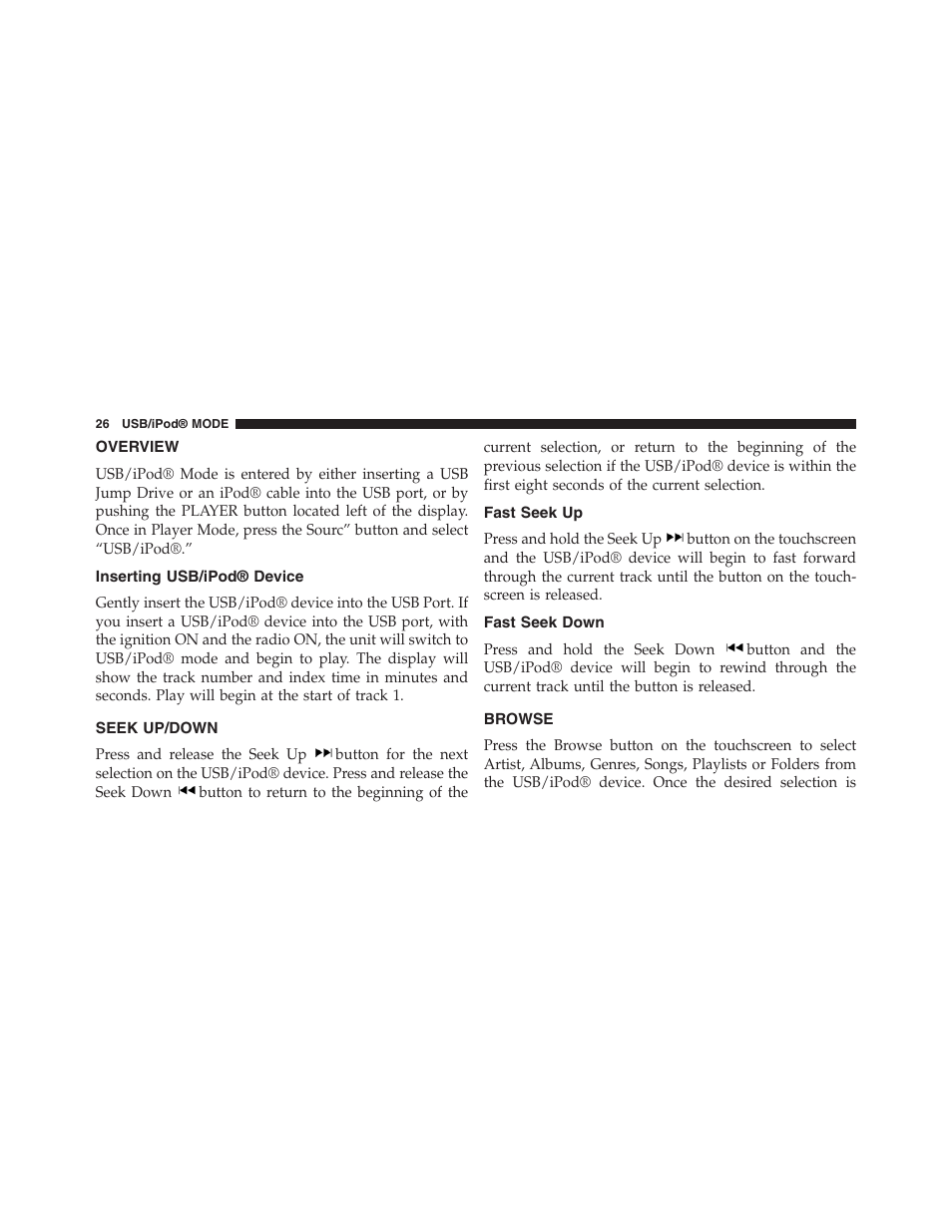 Overview, Inserting usb/ipod® device, Seek up/down | Fast seek up, Fast seek down, Browse | Dodge 2015 Journey - Uconnect 4.3 Manual User Manual | Page 27 / 42