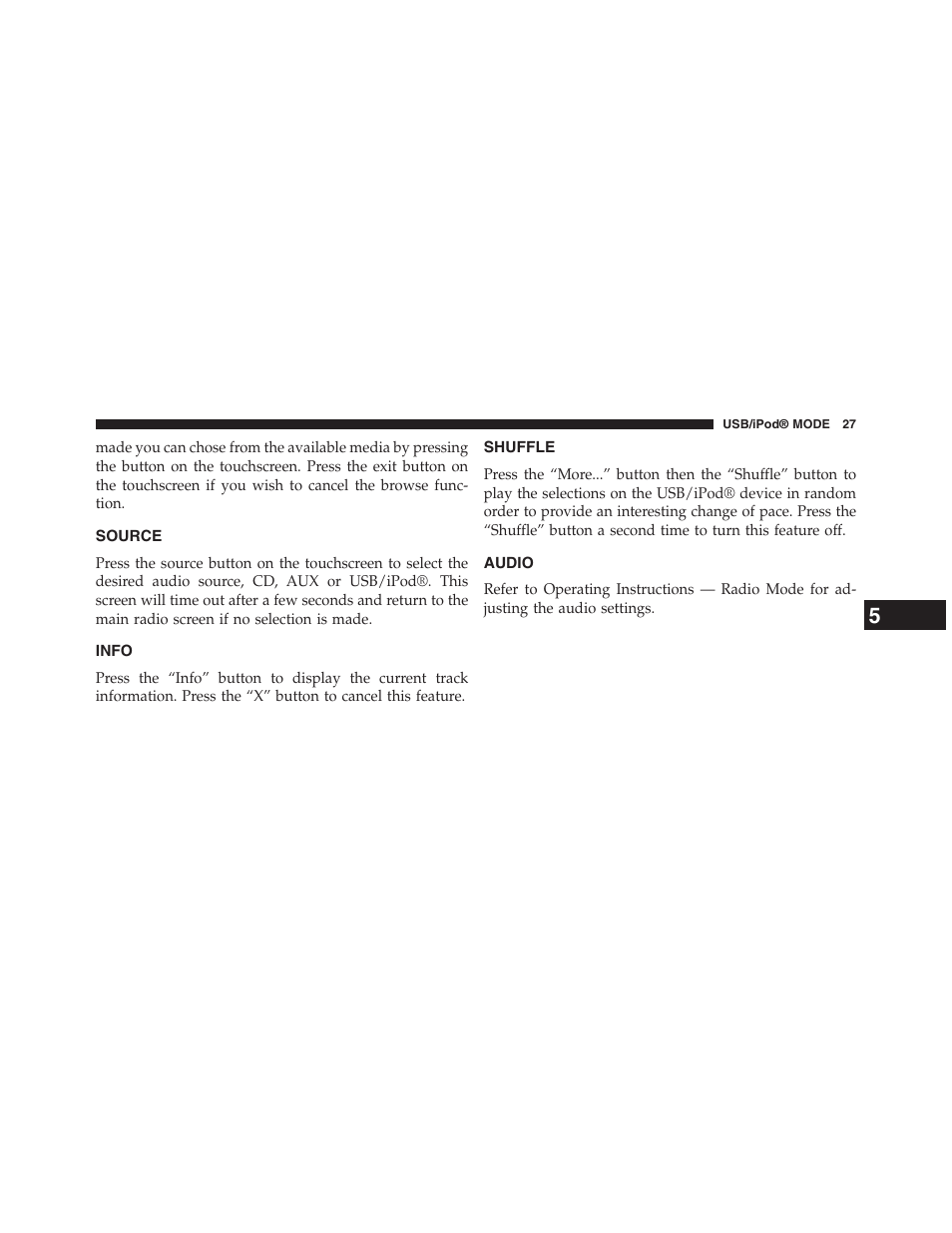 Source, Info, Shuffle | Audio | Dodge 2015 Journey - Uconnect 4.3 Manual User Manual | Page 28 / 42