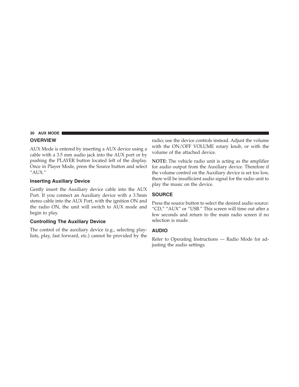 Overview, Inserting auxiliary device, Controlling the auxiliary device | Source, Audio | Dodge 2015 Journey - Uconnect 4.3 Manual User Manual | Page 31 / 42