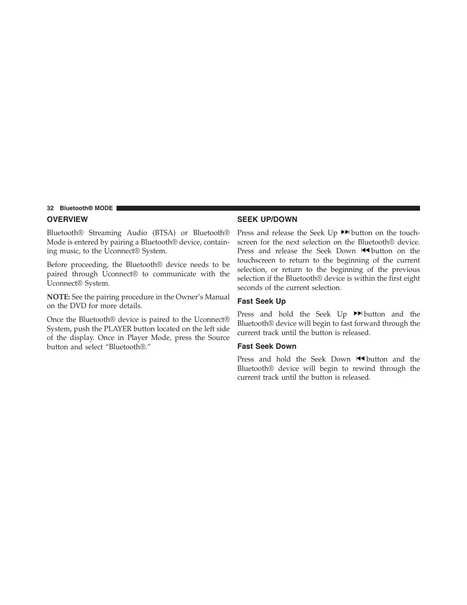 Overview, Seek up/down, Fast seek up | Fast seek down | Dodge 2015 Journey - Uconnect 4.3 Manual User Manual | Page 33 / 42