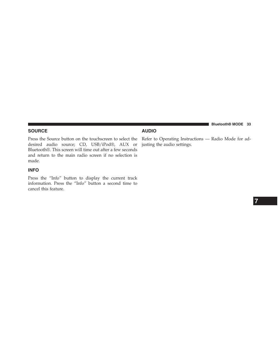 Source, Info, Audio | Dodge 2015 Journey - Uconnect 4.3 Manual User Manual | Page 34 / 42