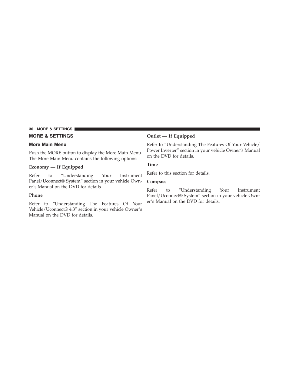 More & settings, More main menu | Dodge 2015 Journey - Uconnect 4.3 Manual User Manual | Page 37 / 42