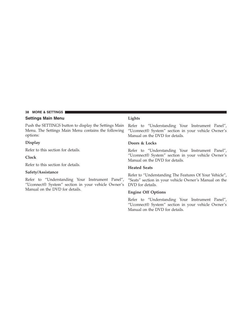 Settings main menu | Dodge 2015 Journey - Uconnect 4.3 Manual User Manual | Page 39 / 42