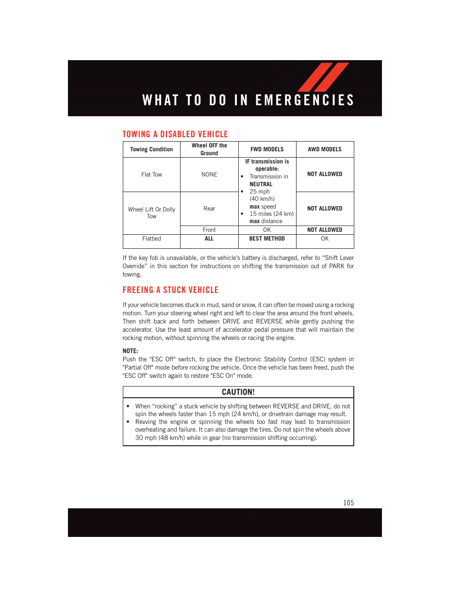 Towing a disabled vehicle, Freeing a stuck vehicle, Caution | Dodge 2015 Journey - User Guide User Manual | Page 107 / 140