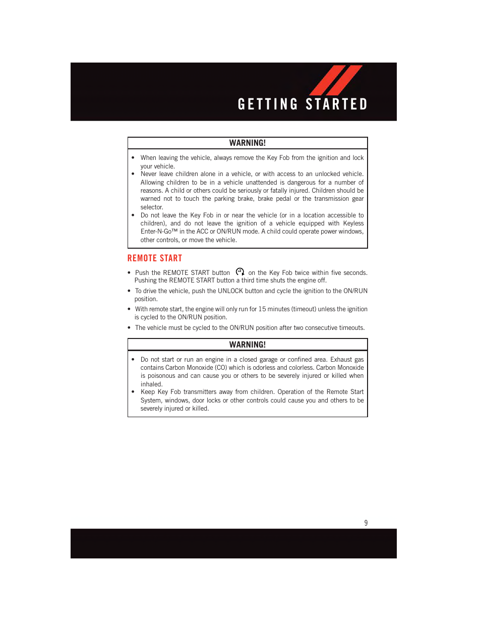 Remote start, Warning | Dodge 2015 Journey - User Guide User Manual | Page 11 / 140