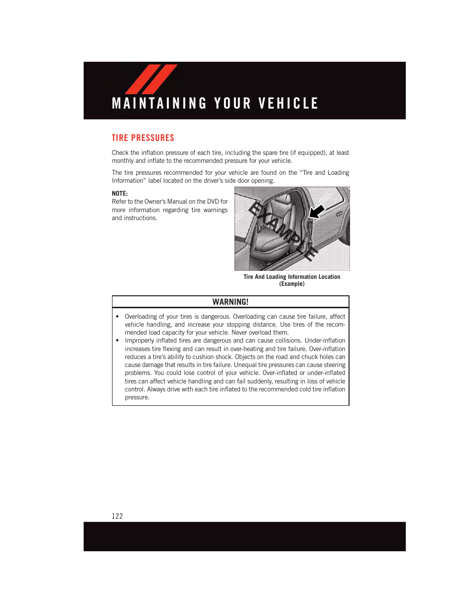 Tire pressures, Warning | Dodge 2015 Journey - User Guide User Manual | Page 124 / 140