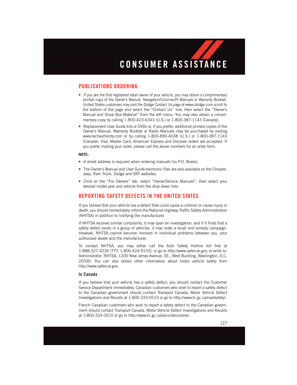 Publications ordering, Reporting safety defects in the united states, In canada | Reporting safety defects in the, United states | Dodge 2015 Journey - User Guide User Manual | Page 129 / 140