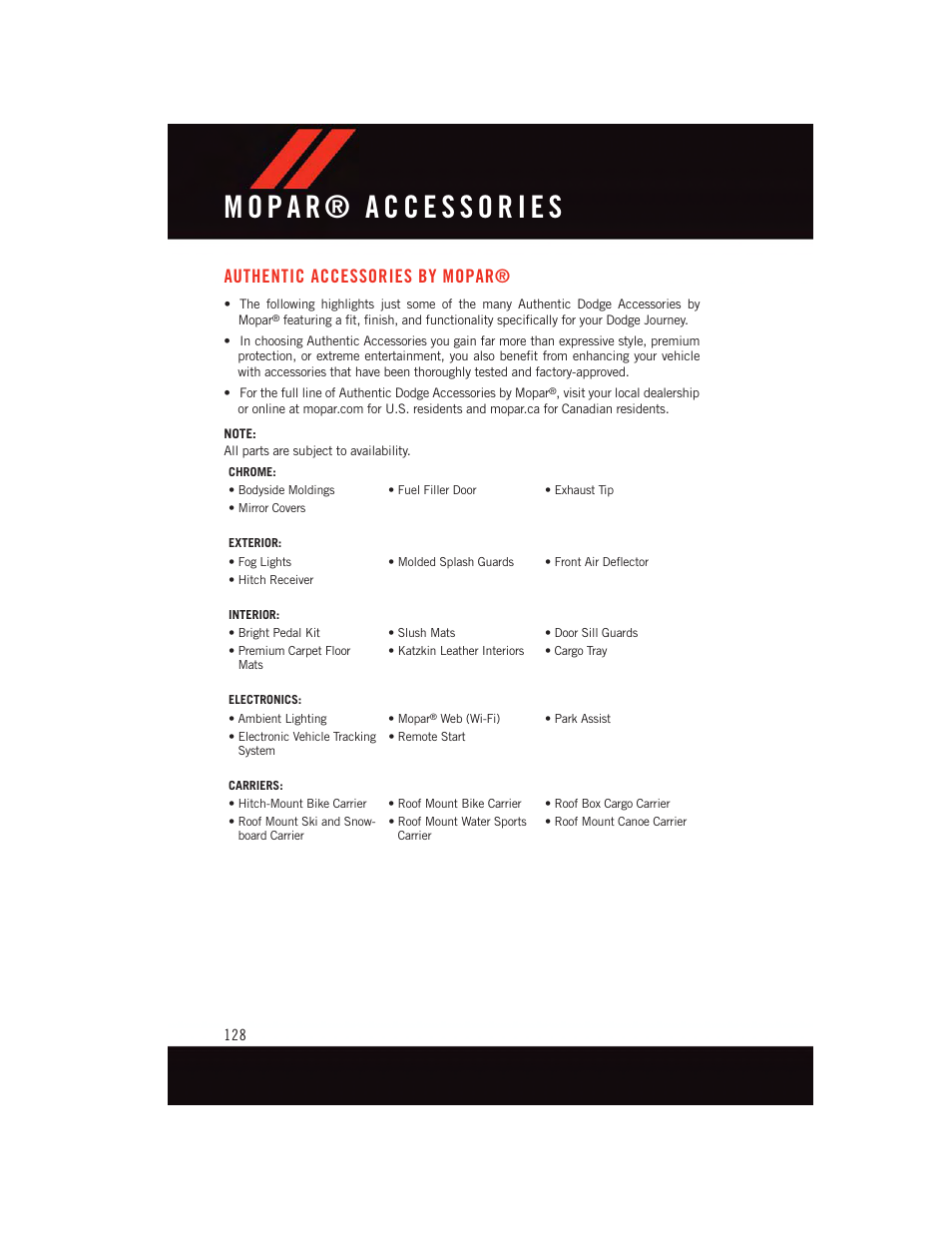 Mopar® accessories, Authentic accessories by mopar, Authentic accessories by | Mopar | Dodge 2015 Journey - User Guide User Manual | Page 130 / 140