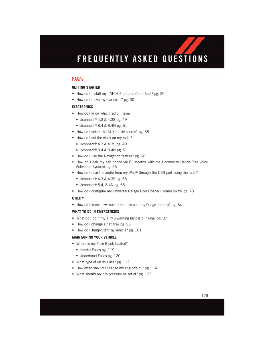 Faq’s, Frequently asked questions | Dodge 2015 Journey - User Guide User Manual | Page 131 / 140