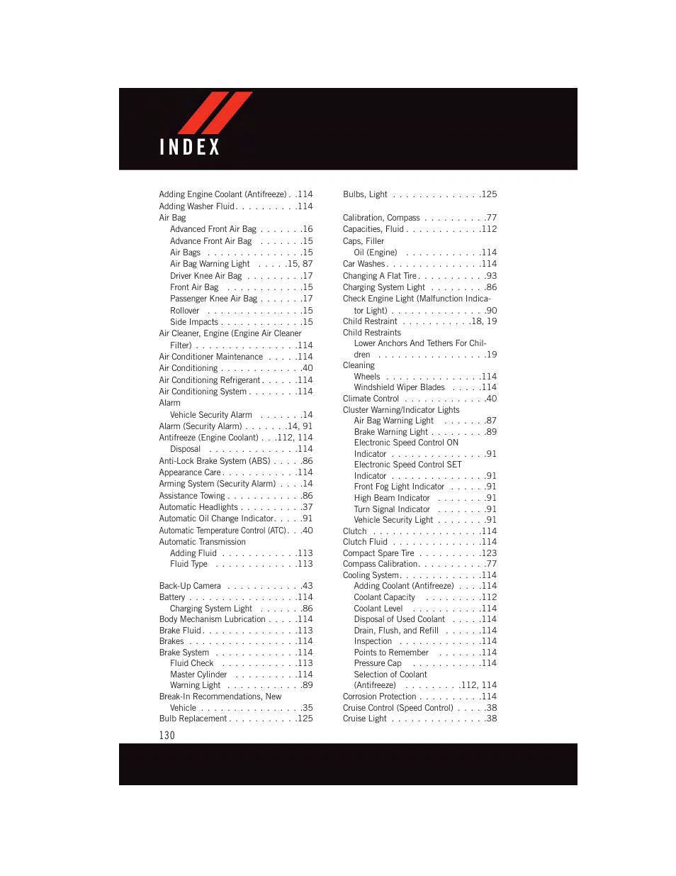 Index | Dodge 2015 Journey - User Guide User Manual | Page 132 / 140