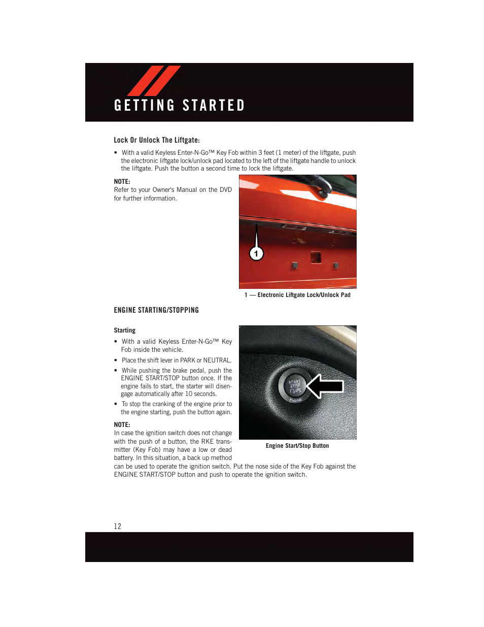 Lock or unlock the liftgate, Engine starting/ stopping | Dodge 2015 Journey - User Guide User Manual | Page 14 / 140