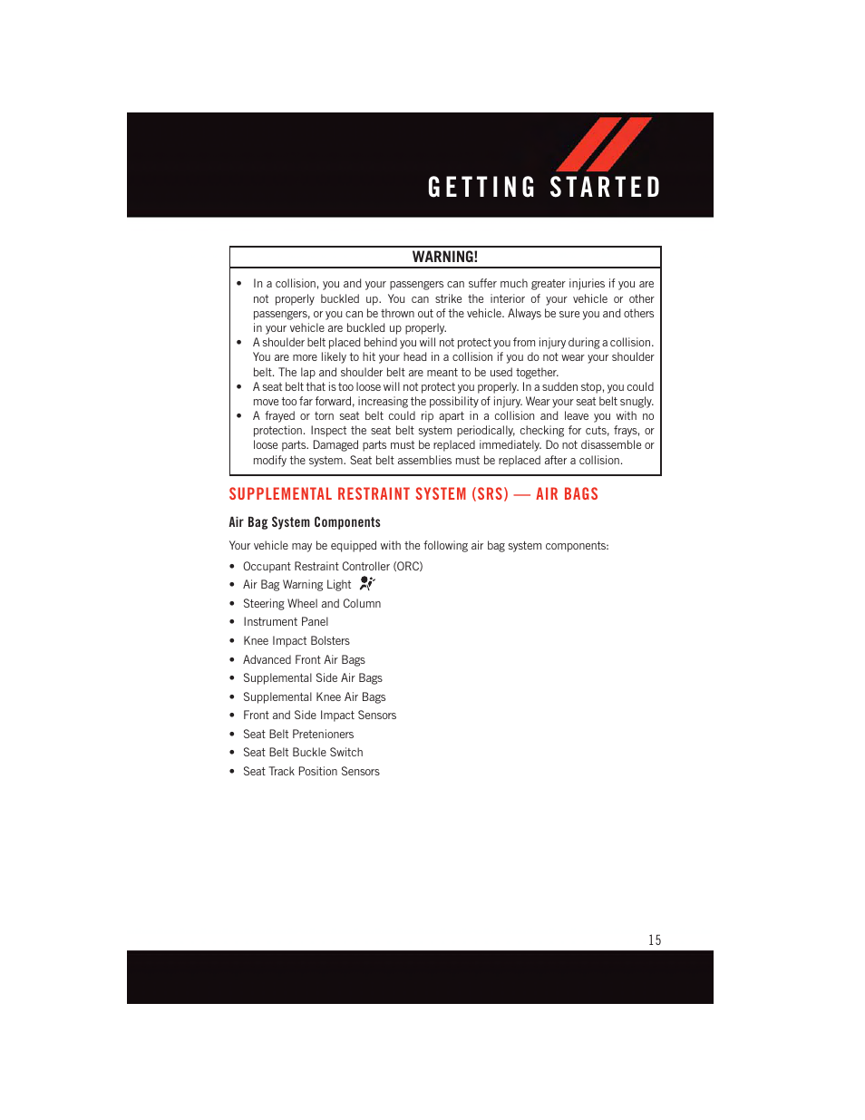 Supplemental restraint system (srs) — air bags, Air bag system components, Supplemental restraint system (srs) | Air bags | Dodge 2015 Journey - User Guide User Manual | Page 17 / 140