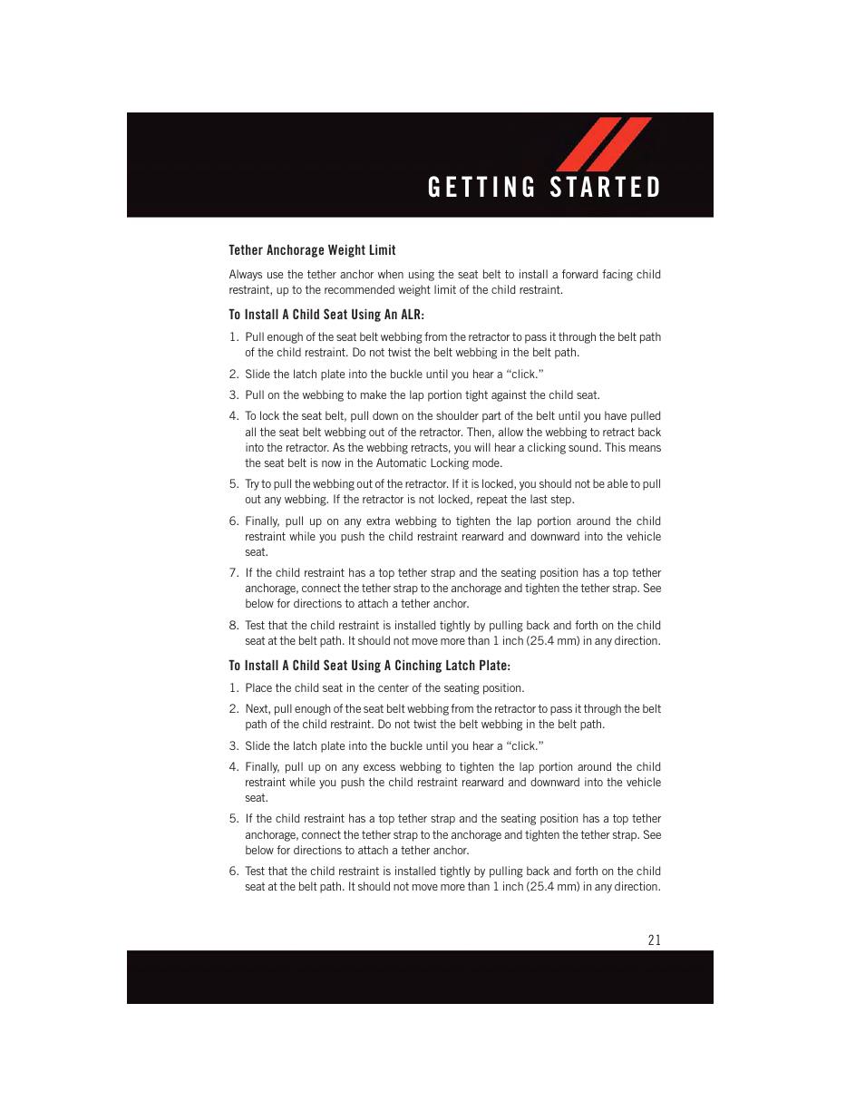 Tether anchorage weight limit, To install a child seat using an alr | Dodge 2015 Journey - User Guide User Manual | Page 23 / 140