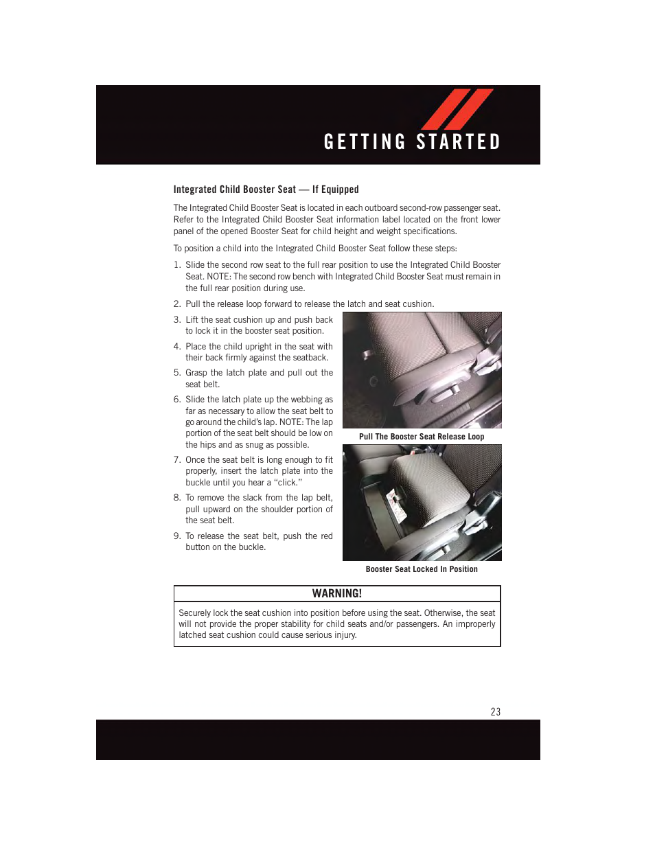 Integrated child booster seat — if equipped, Warning | Dodge 2015 Journey - User Guide User Manual | Page 25 / 140