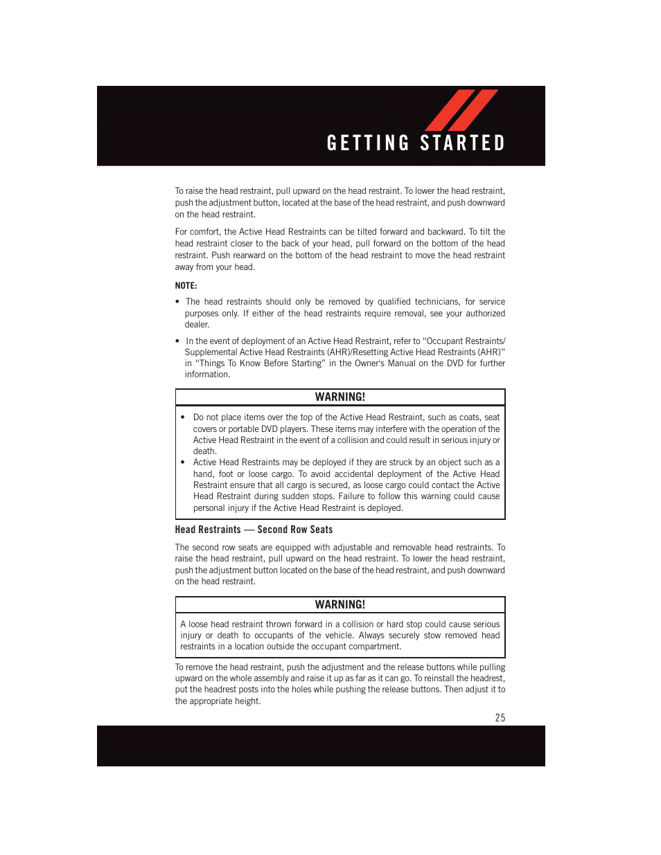 Head restraints — second row seats, Warning | Dodge 2015 Journey - User Guide User Manual | Page 27 / 140