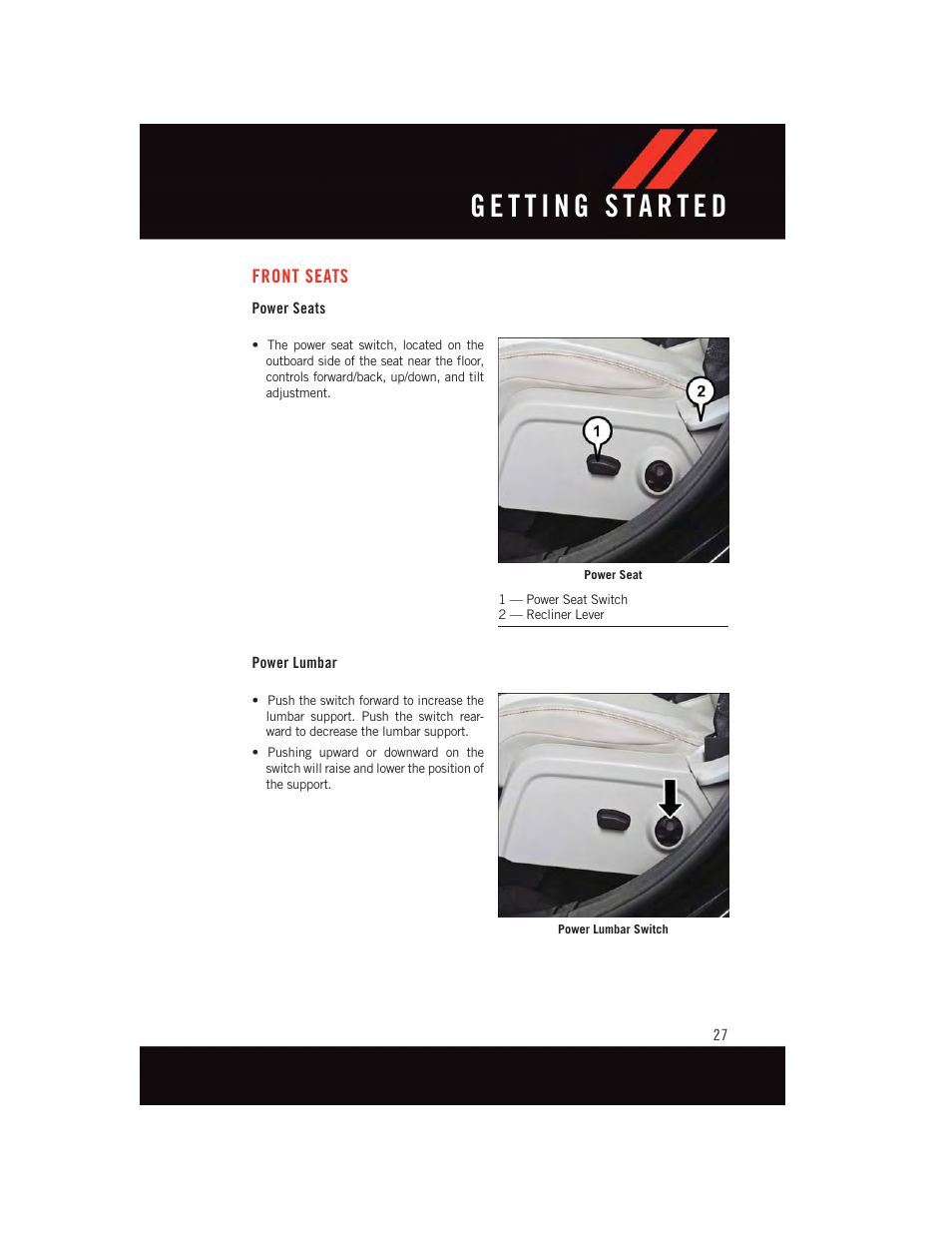 Front seats, Power seats, Power lumbar | Dodge 2015 Journey - User Guide User Manual | Page 29 / 140