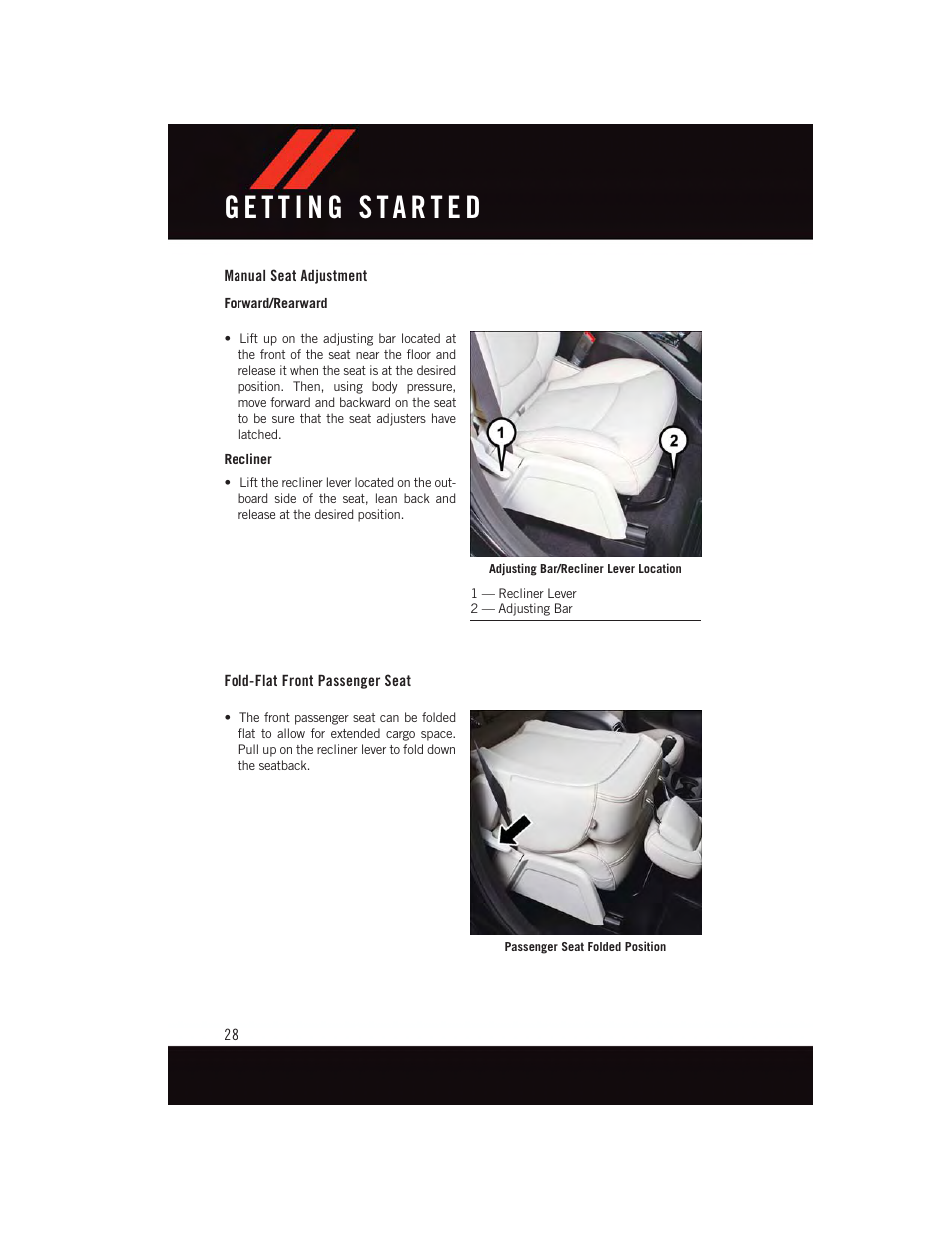 Manual seat adjustment, Fold-flat front passenger seat | Dodge 2015 Journey - User Guide User Manual | Page 30 / 140