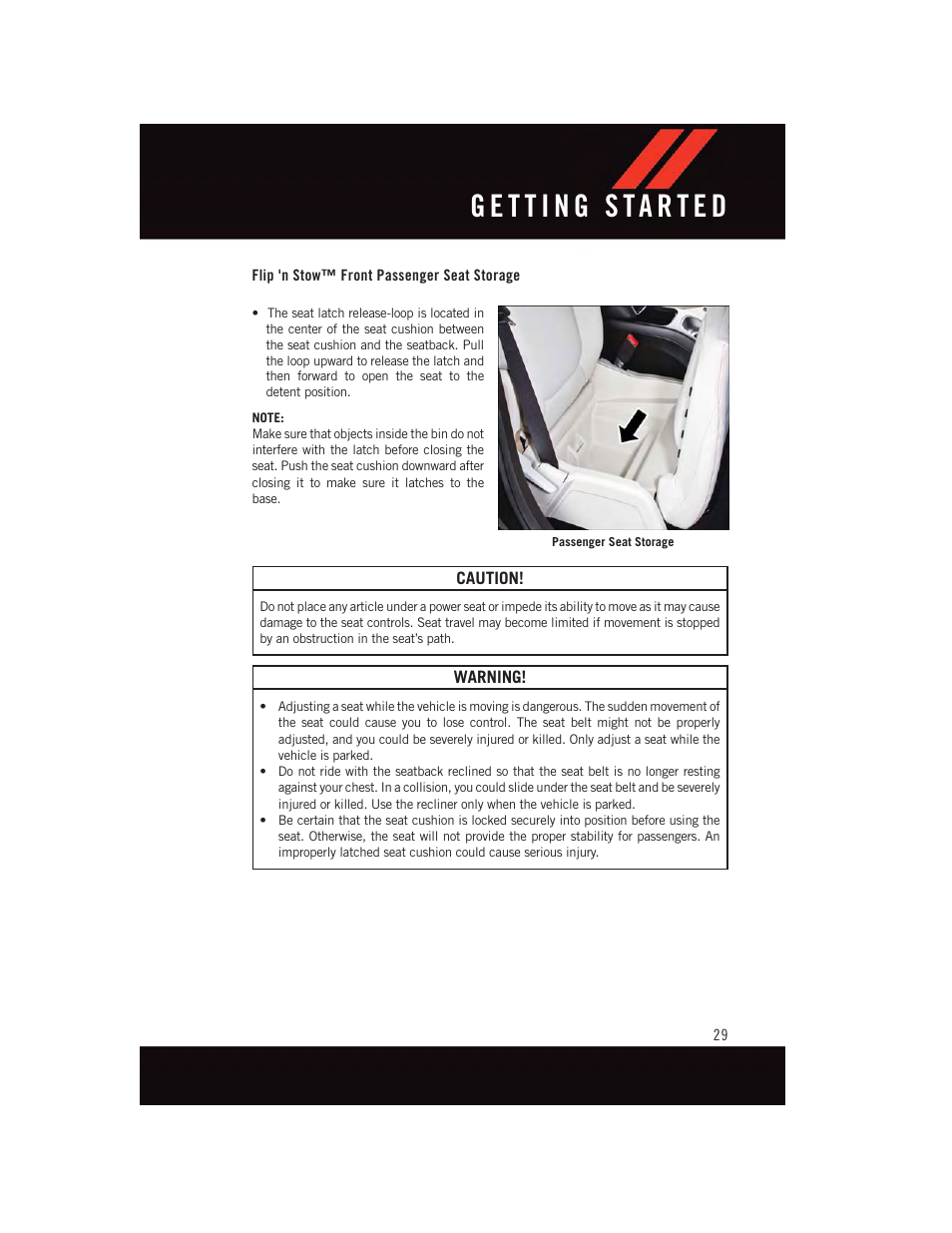 Flip 'n stow™ front passenger seat storage, Caution, Warning | Dodge 2015 Journey - User Guide User Manual | Page 31 / 140