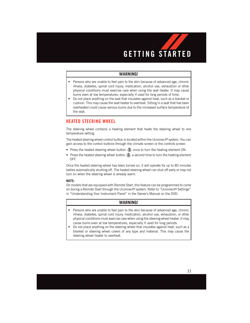 Heated steering wheel, Warning | Dodge 2015 Journey - User Guide User Manual | Page 35 / 140