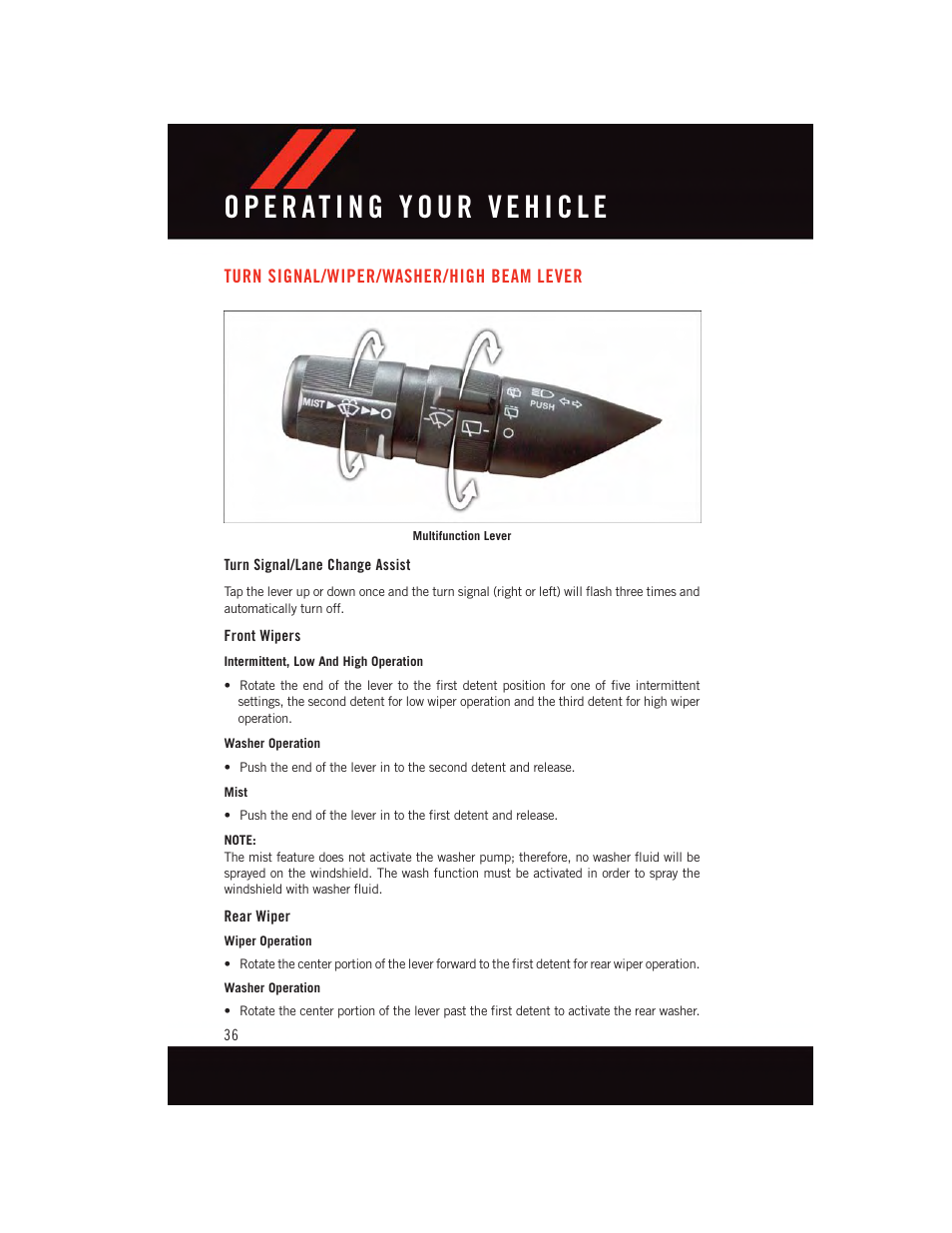 Turn signal/wiper/washer/high beam lever, Turn signal/lane change assist, Front wipers | Rear wiper, Turn signal/wiper/washer/high beam, Lever | Dodge 2015 Journey - User Guide User Manual | Page 38 / 140