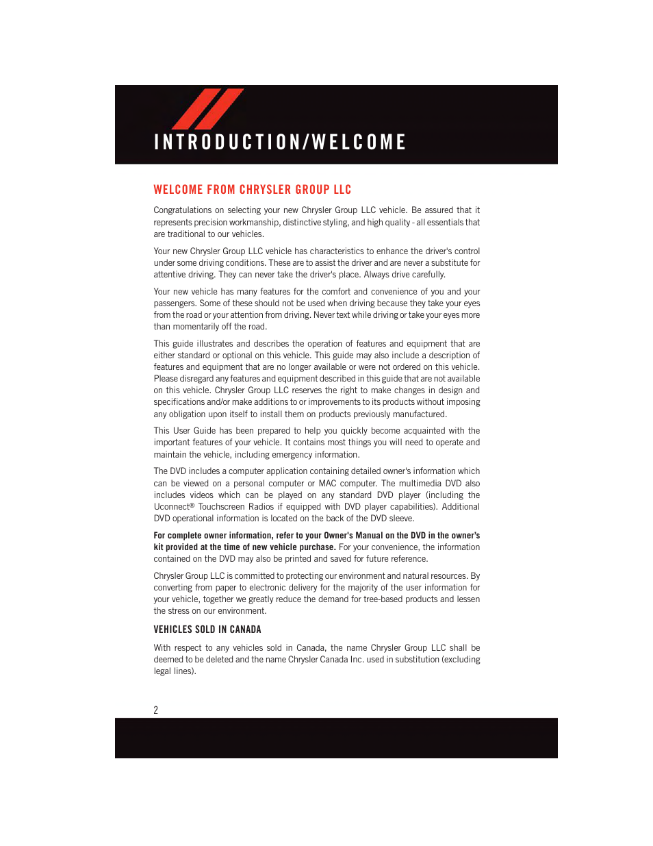 Introduction/ welcome, Welcome from chrysler group llc, Vehicles sold in canada | Introduction/welcome, Welcome from chrysler, Group llc | Dodge 2015 Journey - User Guide User Manual | Page 4 / 140