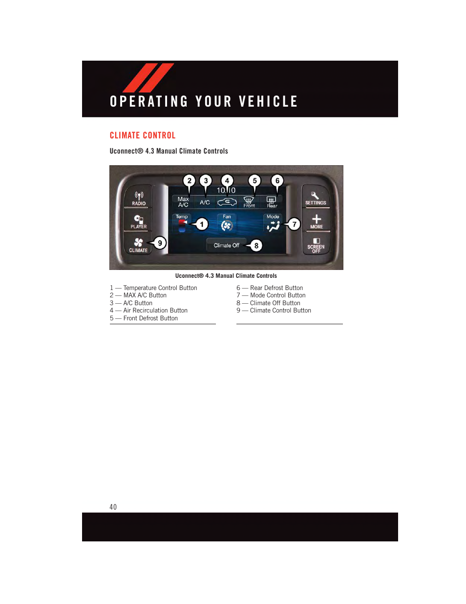 Climate control, Uconnect® 4.3 manual climate controls | Dodge 2015 Journey - User Guide User Manual | Page 42 / 140