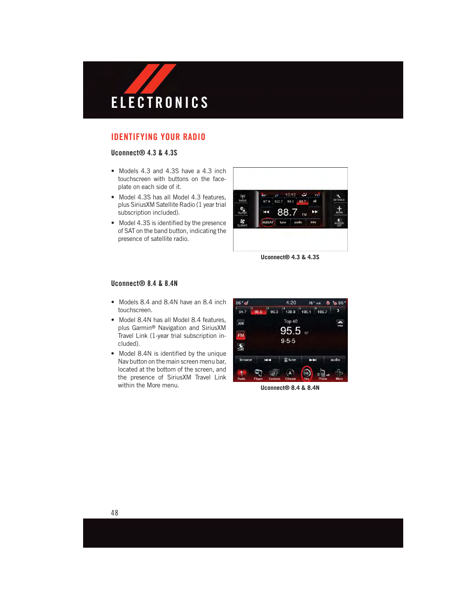 Identifying your radio, Uconnect® 4.3 & 4.3s, Uconnect® 8.4 & 8.4n | Dodge 2015 Journey - User Guide User Manual | Page 50 / 140