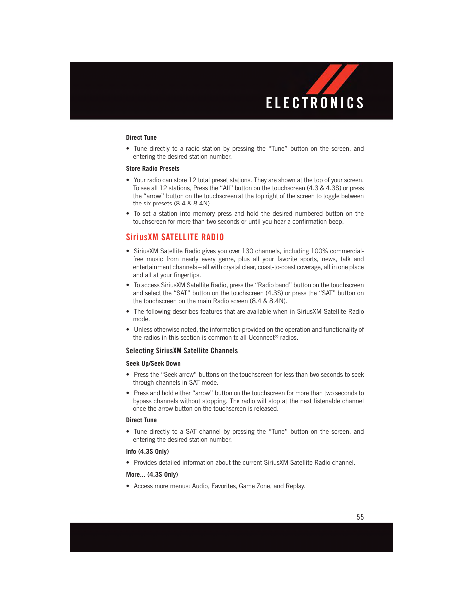 Siriusxm satellite radio, Selecting siriusxm satellite channels | Dodge 2015 Journey - User Guide User Manual | Page 57 / 140