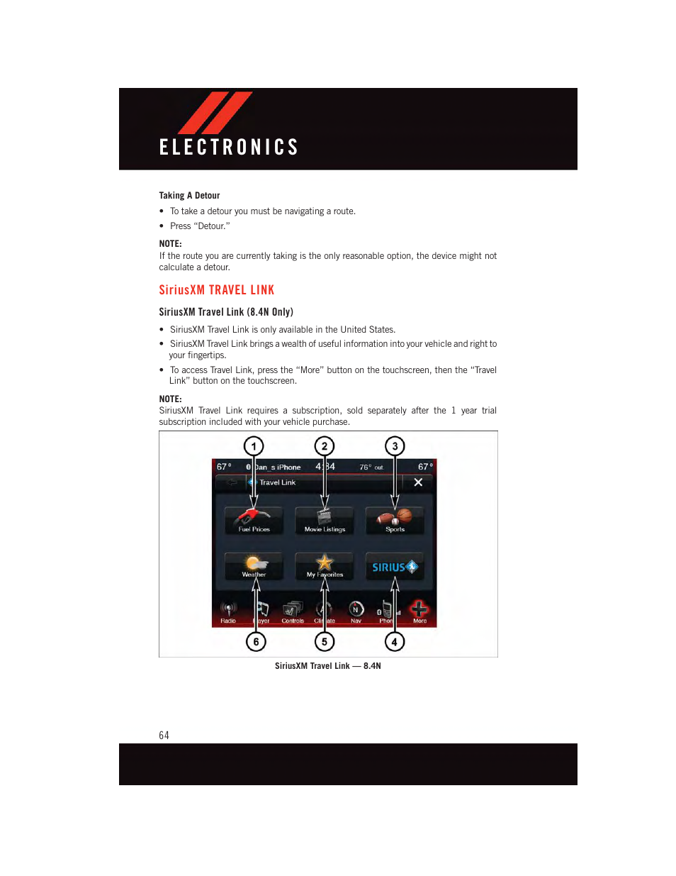 Siriusxm travel link, Siriusxm travel link (8.4n only) | Dodge 2015 Journey - User Guide User Manual | Page 66 / 140