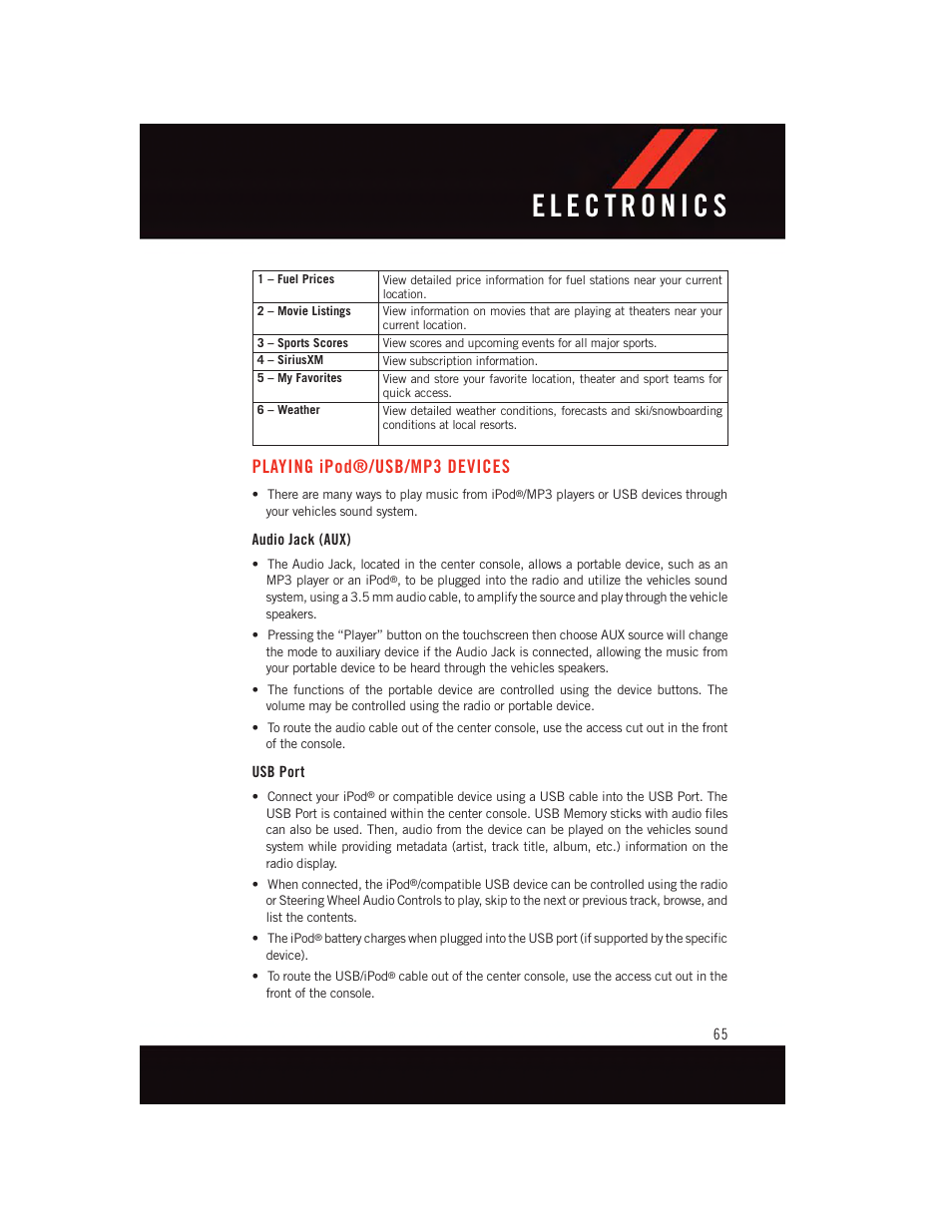 Playing ipod®/usb/mp3 devices, Audio jack (aux), Usb port | Playing ipod, Usb/mp3 devices | Dodge 2015 Journey - User Guide User Manual | Page 67 / 140