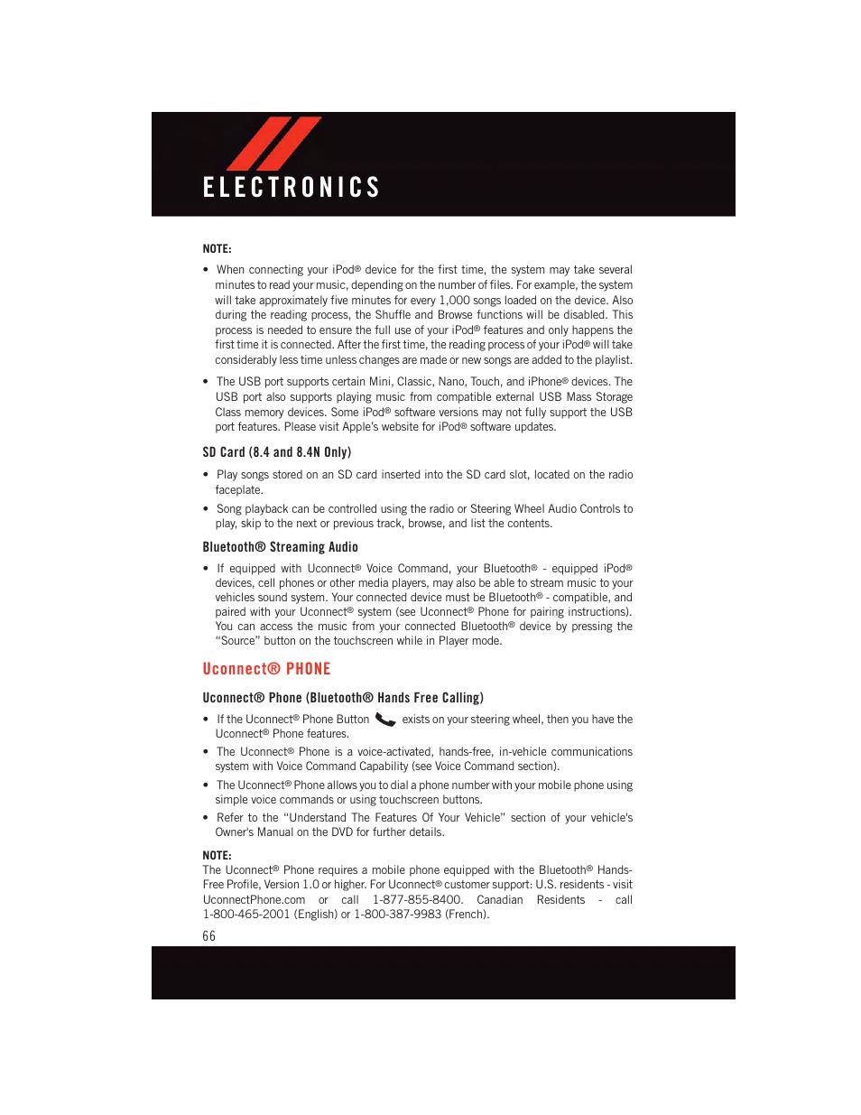 Sd card (8.4 and 8.4n only), Bluetooth® streaming audio, Uconnect® phone | Uconnect® phone (bluetooth® hands free calling), Uconnect, Phone | Dodge 2015 Journey - User Guide User Manual | Page 68 / 140