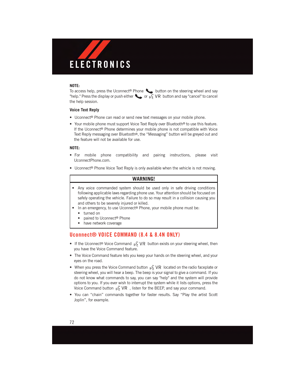 Uconnect® voice command (8.4 & 8.4n only), Uconnect, Voice command (8.4 & 8.4n | Only), Warning | Dodge 2015 Journey - User Guide User Manual | Page 74 / 140