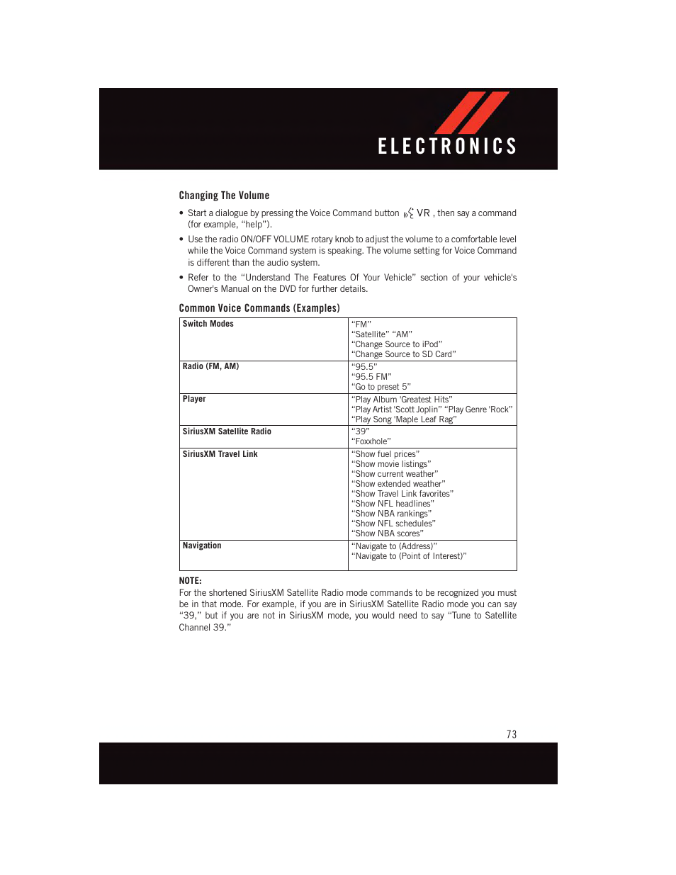 Changing the volume, Common voice commands (examples) | Dodge 2015 Journey - User Guide User Manual | Page 75 / 140