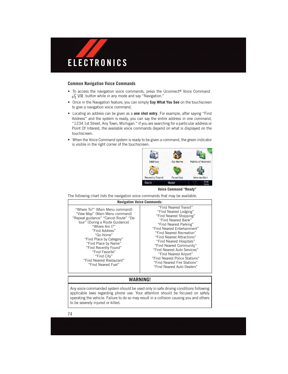 Common navigation voice commands, Warning | Dodge 2015 Journey - User Guide User Manual | Page 76 / 140