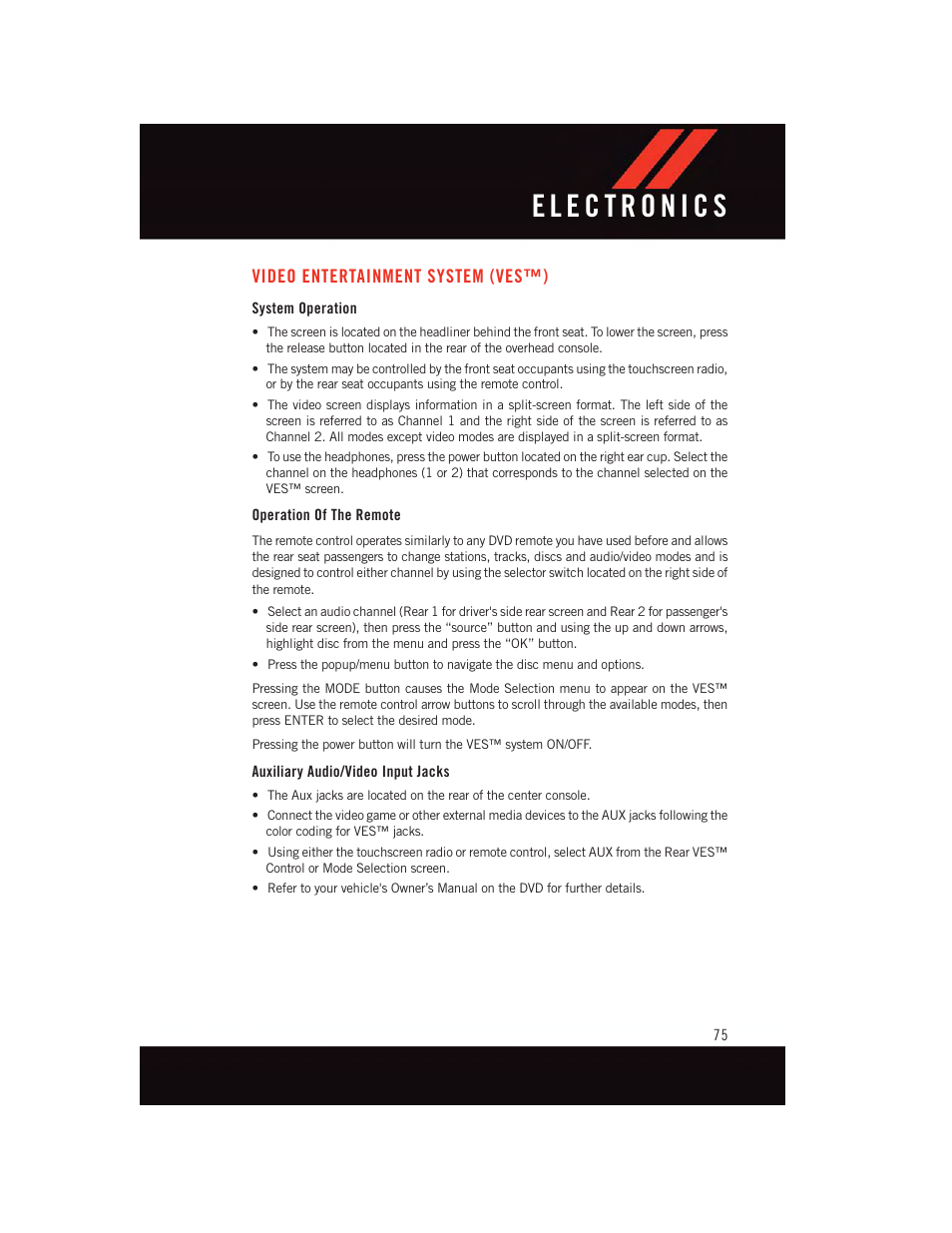 Video entertainment system (ves™), System operation, Operation of the remote | Auxiliary audio/video input jacks, Video entertainment system, Ves™) | Dodge 2015 Journey - User Guide User Manual | Page 77 / 140