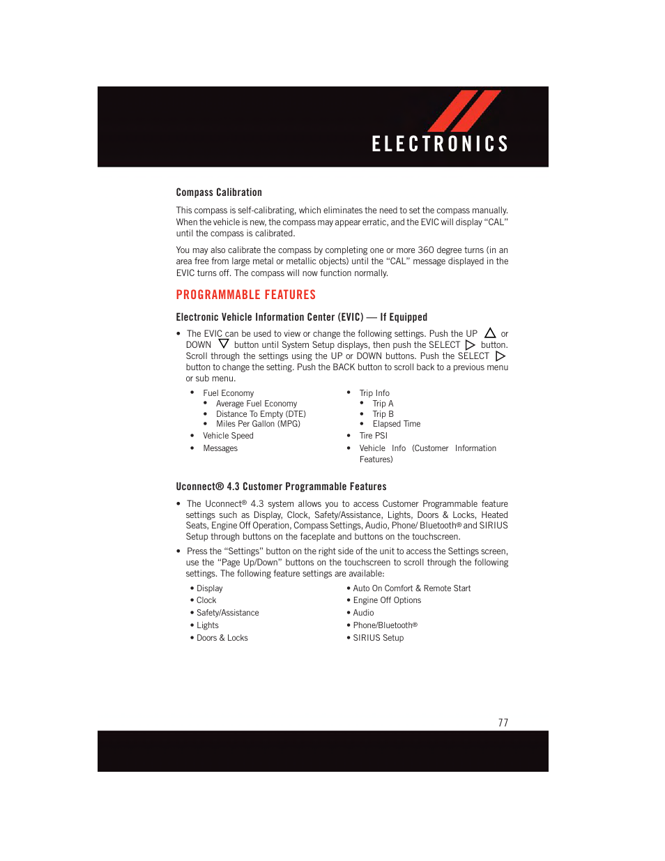 Compass calibration, Programmable features, Uconnect® 4.3 customer programmable features | Dodge 2015 Journey - User Guide User Manual | Page 79 / 140