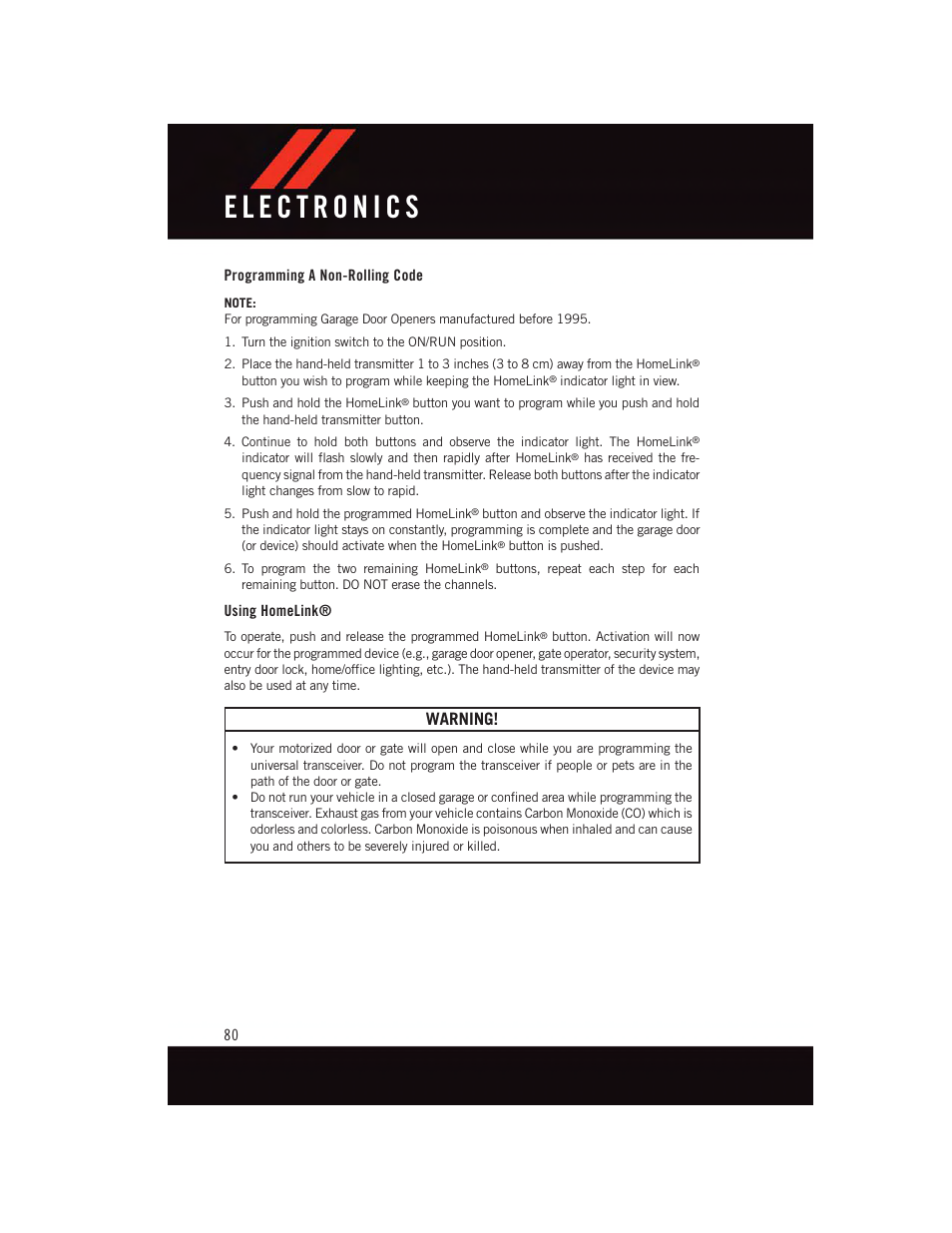 Programming a non-rolling code, Using homelink, Warning | Dodge 2015 Journey - User Guide User Manual | Page 82 / 140