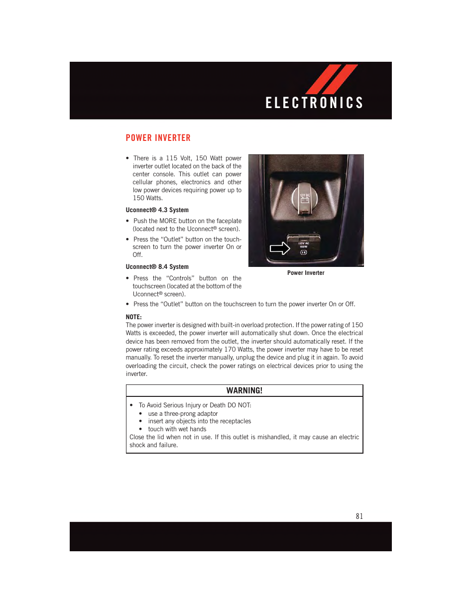 Power inverter, Warning | Dodge 2015 Journey - User Guide User Manual | Page 83 / 140