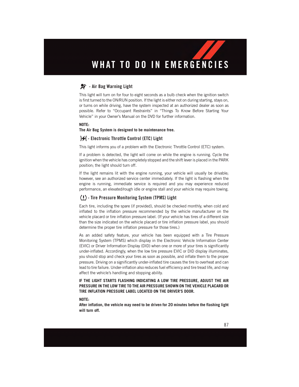 Air bag warning light, Electronic throttle control (etc) light, Tire pressure monitoring system (tpms) light | Dodge 2015 Journey - User Guide User Manual | Page 89 / 140