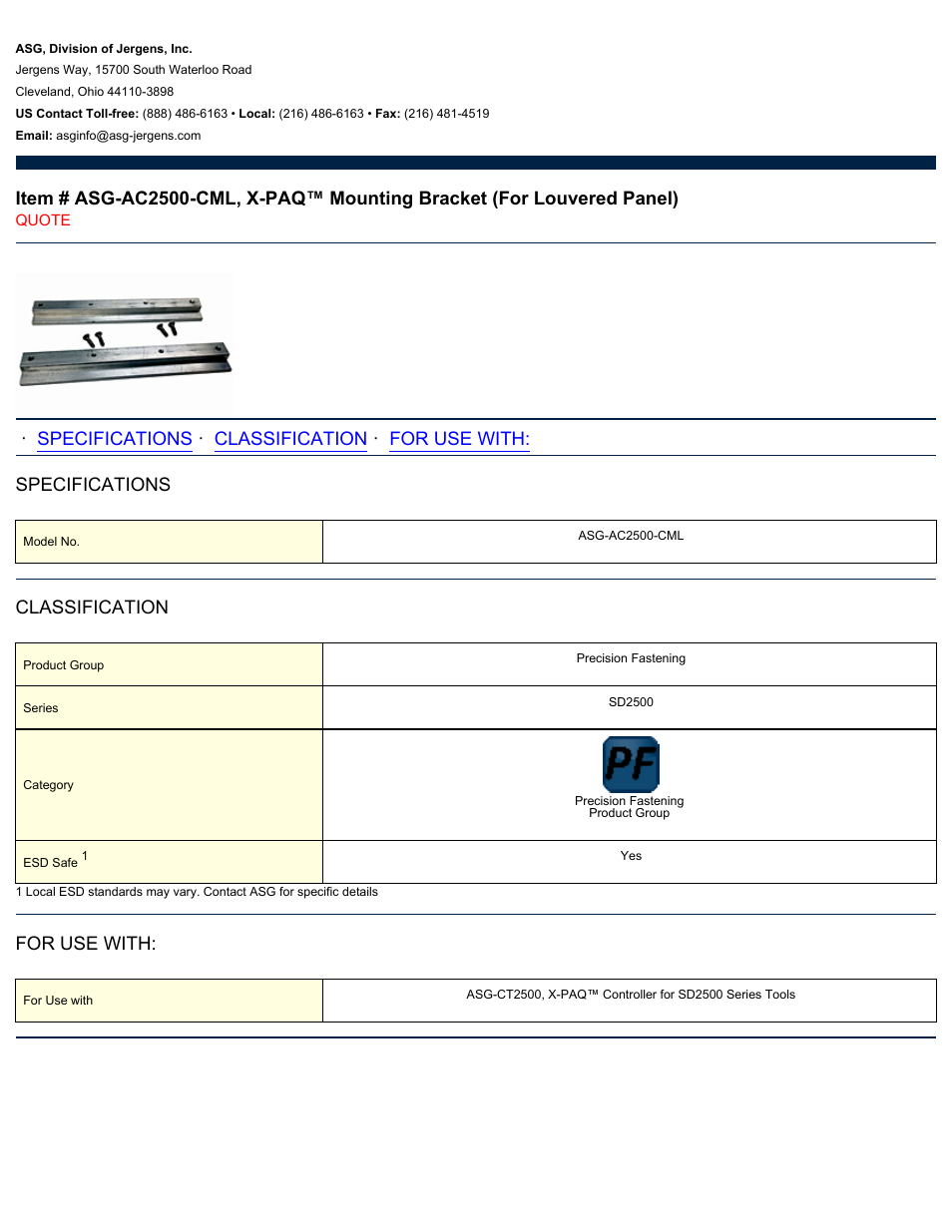 ASG Jergens ASG-AC2500-CML Mounting Bracket User Manual | 1 page