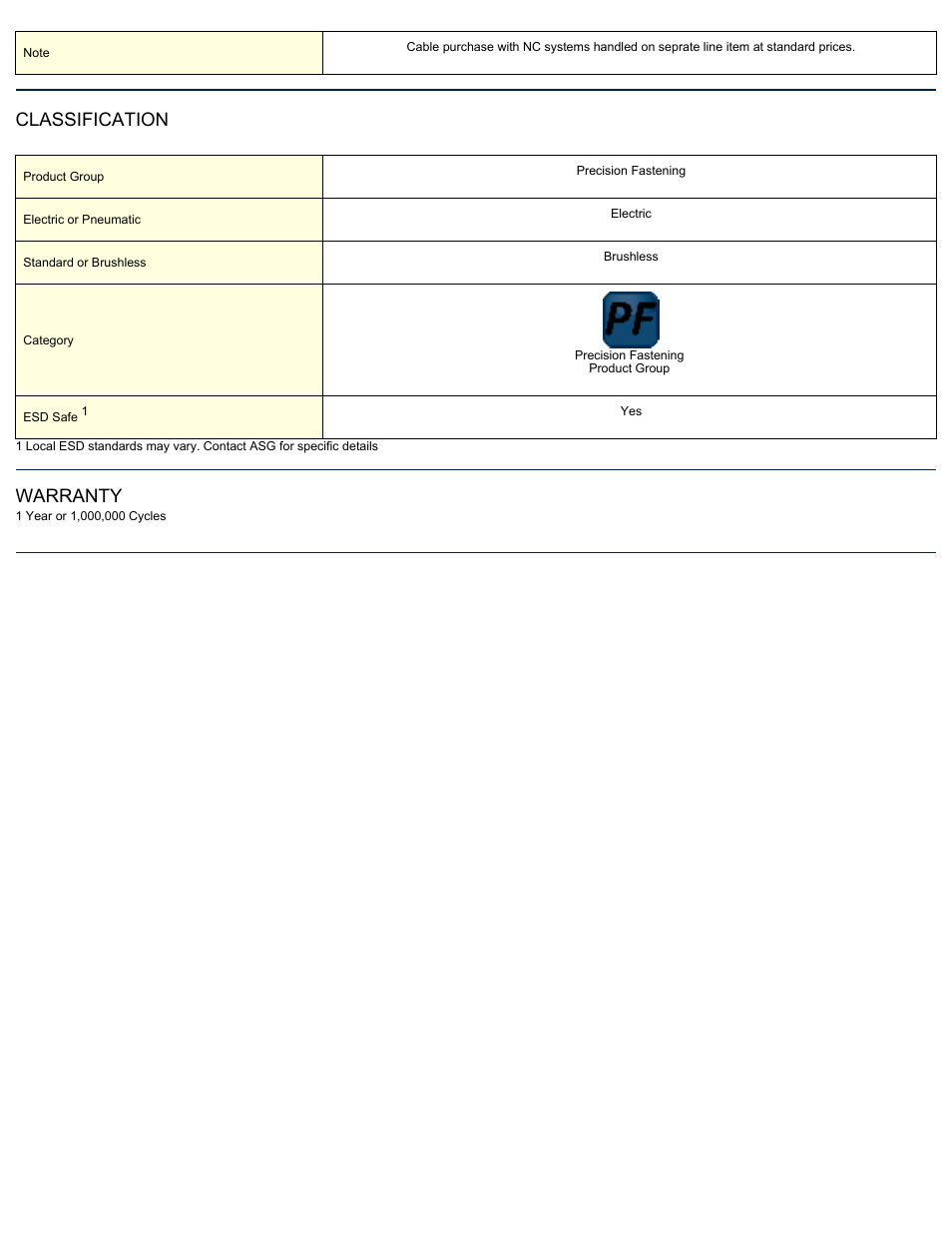 Classification, Warranty | ASG Jergens ASG-SD2500-10FX-SY-NC User Manual | Page 2 / 2