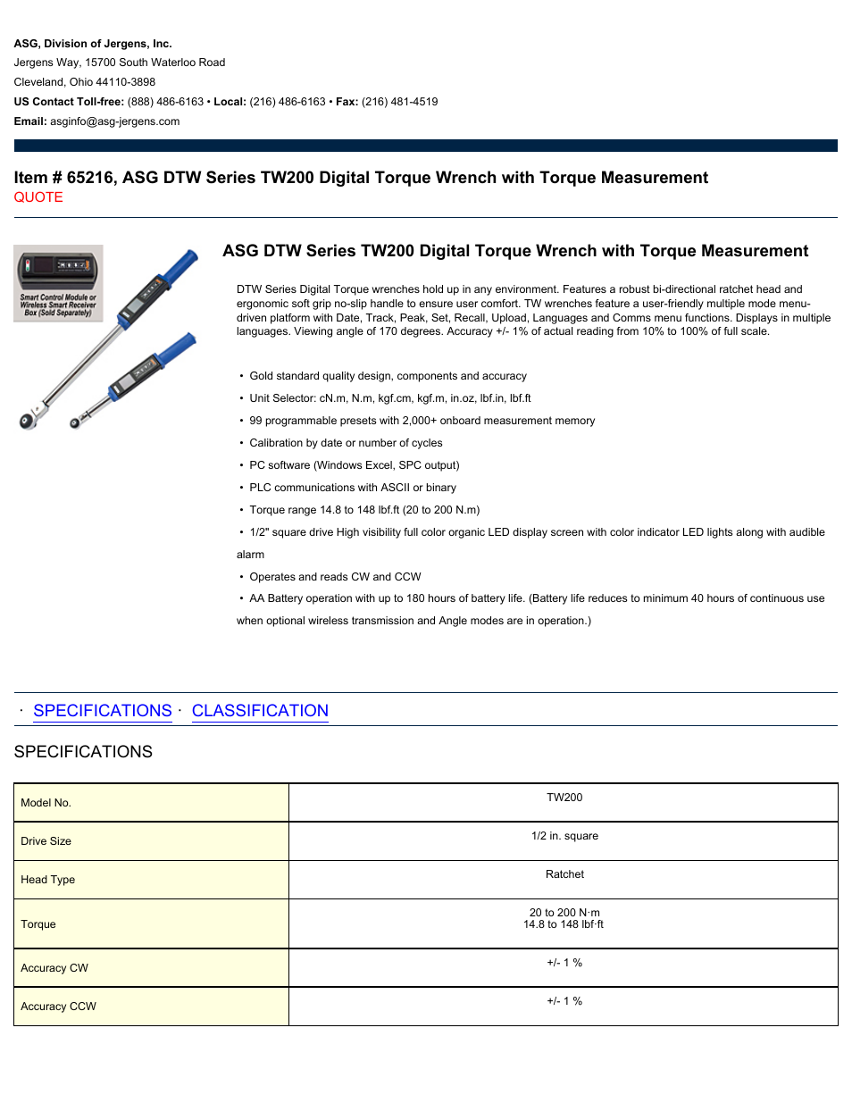 ASG Jergens 65216 TW200 User Manual | 2 pages