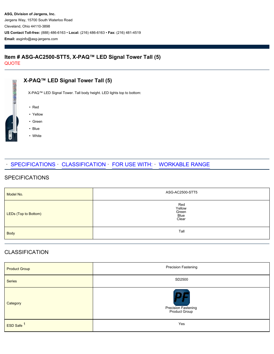 ASG Jergens ASG-AC2500-STT5 LED Signal Tower Tall User Manual | 2 pages