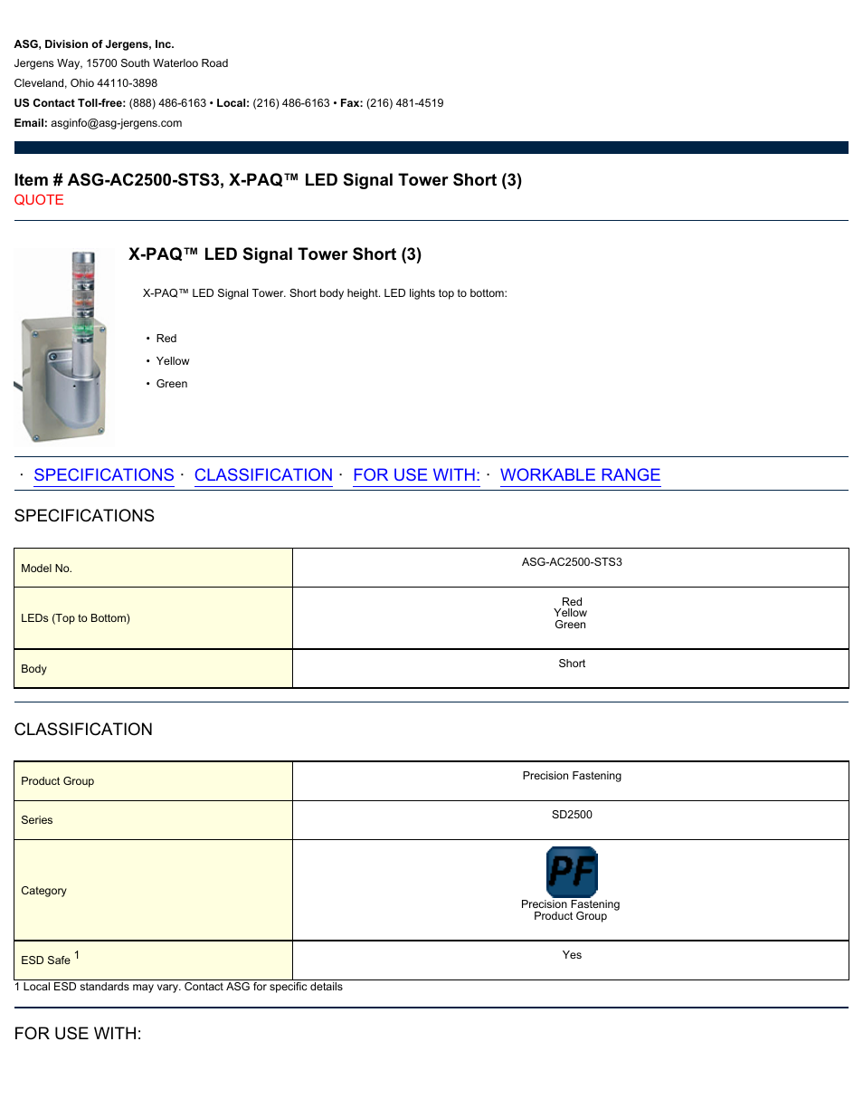 ASG Jergens ASG-AC2500-STS3 LED Signal Tower Short User Manual | 2 pages