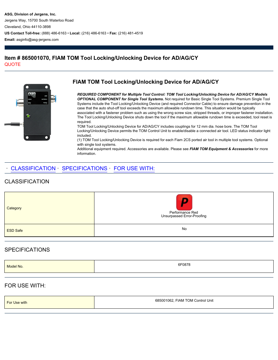 ASG Jergens 865001070 FIAM TOM Tool Locking/Unlocking Device for AD/AG/CY User Manual | 1 page