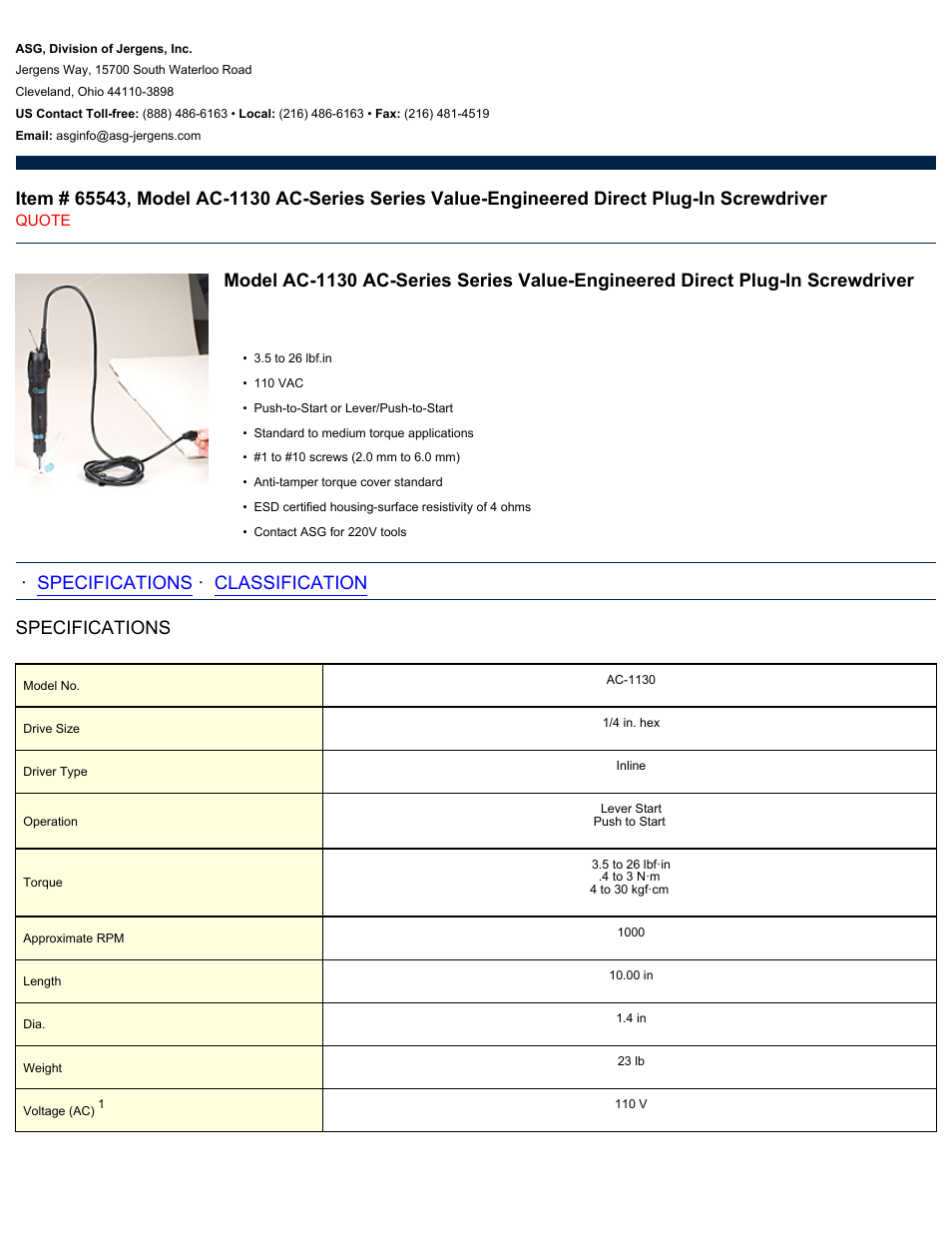 ASG Jergens 65543 AC-1130 User Manual | 2 pages