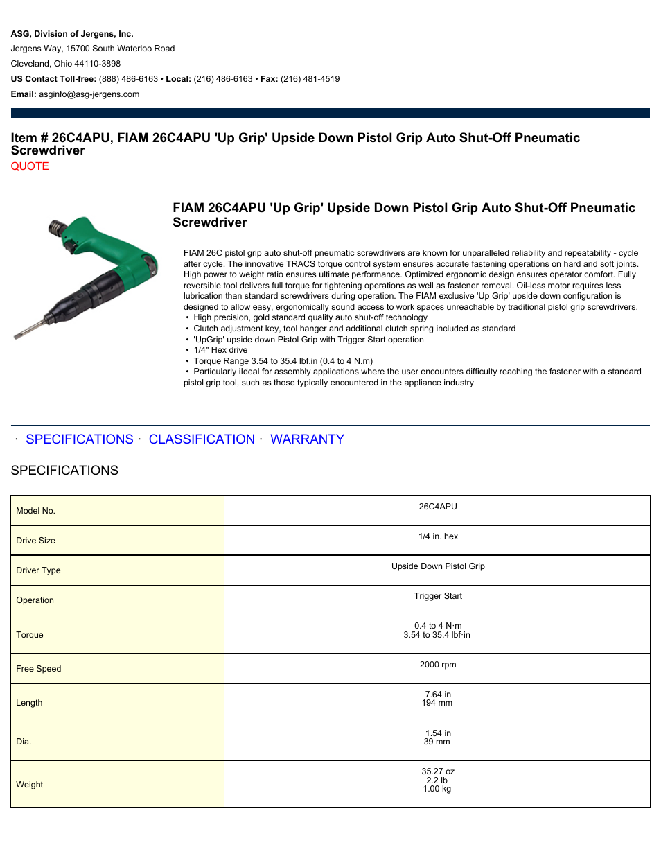 ASG Jergens 26C4APU User Manual | 2 pages